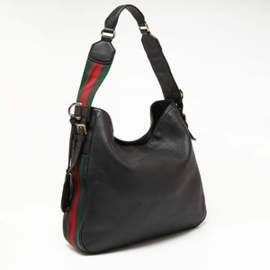 Gucci Black Leather Gucci Heritage Web Striped Hobo